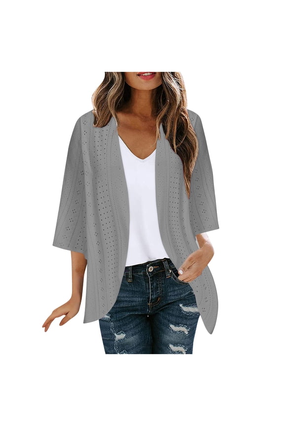 Women Cardigans Fall Solid Color 3/4 Sleeve Eyelet Blouses Casual Lightweight Open Front Outwears Jacket