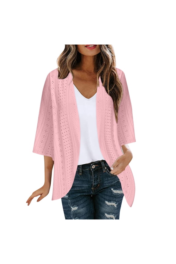 Women Cardigans Fall Solid Color 3/4 Sleeve Eyelet Blouses Casual Lightweight Open Front Outwears Jacket