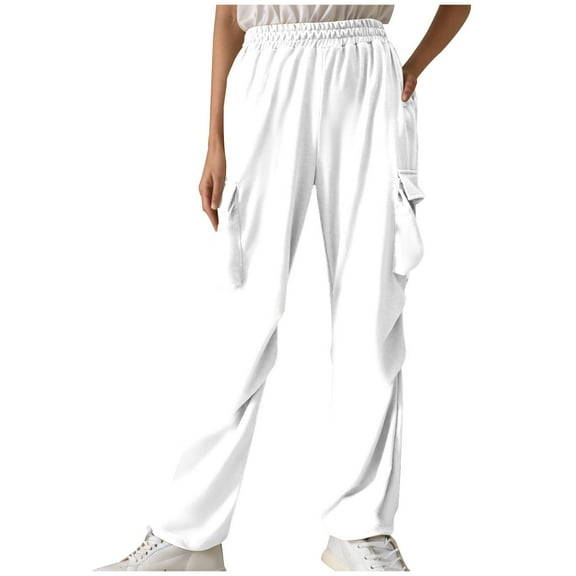 HAiming Women Cargo Pants Wide Leg Casual Elastic Waist Lounge Travel Work Long Trousers with Pockets Solid Color