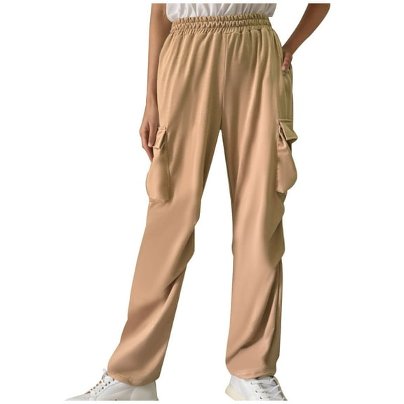 HAiming Women Cargo Pants Wide Leg Casual Elastic Waist Lounge Travel Work Long Trousers with Pockets Solid Color