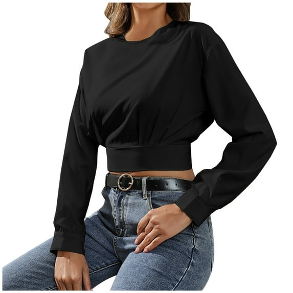 HAiming Women Casual Crewneck Crop tops Solid color Long Sleeve Pullover shirts trendy soft loose Comfortable Blouse