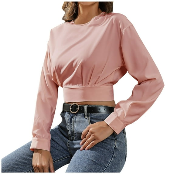 HAiming Women Casual Crewneck Crop tops Solid color Long Sleeve Pullover shirts trendy soft loose Comfortable Blouse