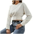 thumbnail image 1 of HAiming Women Casual Crewneck Crop tops Solid color Long Sleeve Pullover shirts trendy soft loose Comfortable Blouse, 1 of 6