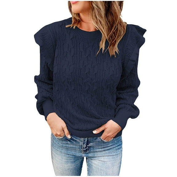 HAiming Women Casual Sweater Crewneck Ruffled Long Sleeve Cable Knitted Shirts Plus Size Loose Pullover Jumper Tops