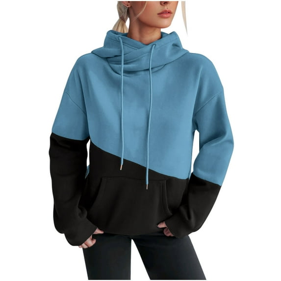 HAiming Women Color Block Hoodies Long Sleeve Drawstring Pullover Sweatshirt Fall Winter Casual Loose Tops with Pocket