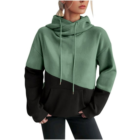 HAiming Women Color Block Hoodies Long Sleeve Drawstring Pullover Sweatshirt Fall Winter Casual Loose Tops with Pocket