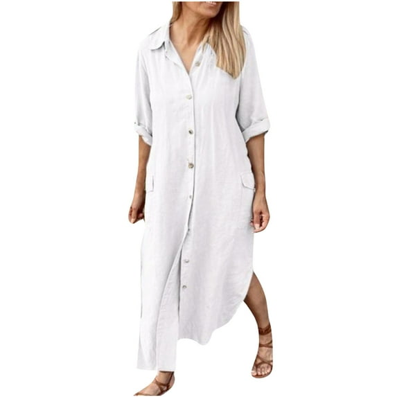 HAiming Women Cotton Linen Dress Solid Button down Lapel Long Sleeve Maxi Dress Casual Loose Side Split Dress with Pocket