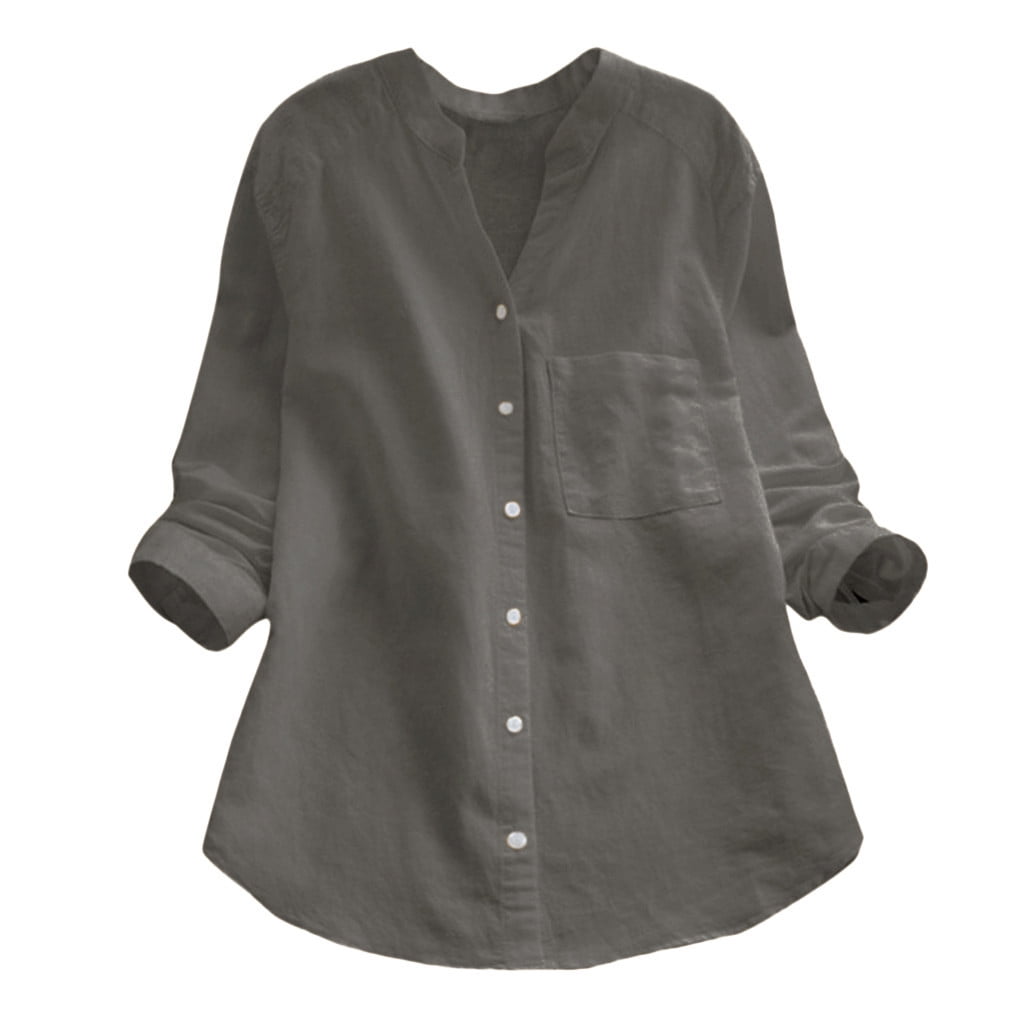 HAiming Women Cotton Linen Long Sleeve Shirts Summer Solid Color V Neck ...