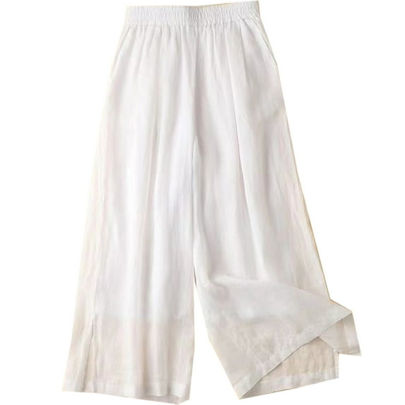 HAiming Women Cotton Linen Wide Leg Pants Elastic High Waist Casual Pants Solid Color Side Slit Trouser with Pocket