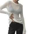 thumbnail image 1 of HAiming Women Crewneck Sheer Mesh Knitted Hollow out Sweater Solid Color Long Sleeve Loose Basic Pullover Tops Blouse, 1 of 6