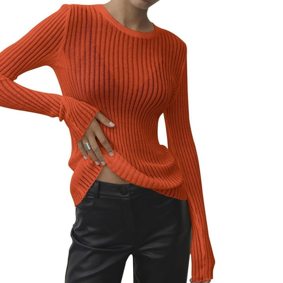 HAiming Women Crewneck Sheer Mesh Knitted Hollow out Sweater Solid Color Long Sleeve Loose Basic Pullover Tops Blouse