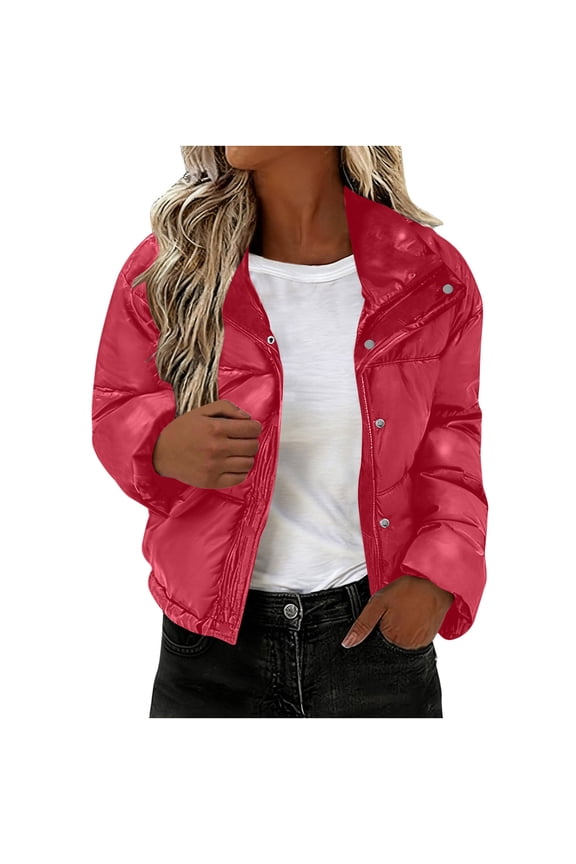 Women Cropped Jackets Winter Warm Snow Coat Full Zip Stand Collar Padded Outerwear with Pockets