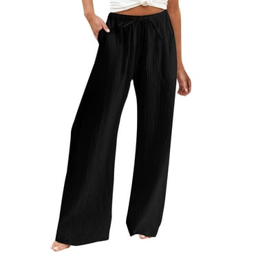 HAiming Women Elastic High Waist Lounge Pants Drawstring Wide Leg Trouser Solid Color Straight Leg Pants with Pocket