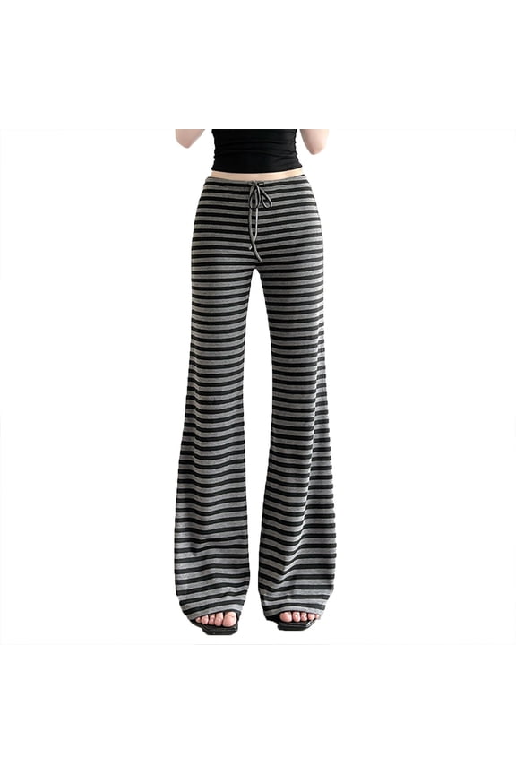 Women Flare Pants Vintage Grunge Striped Flare Bottoms Low Waist Drawstring Waist Goth Punk Trousers