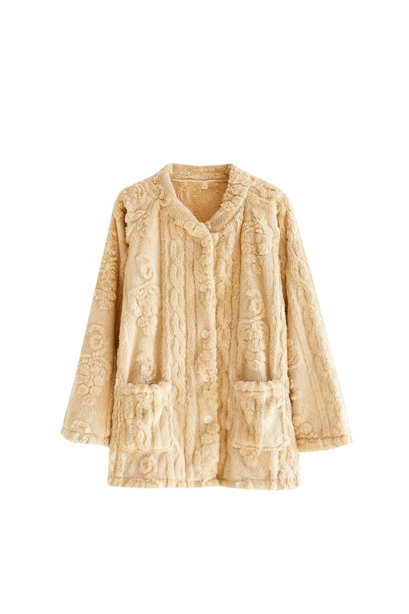 Women Fleece Pajama Tops Button down Sleepwear Fuzzy Jacket Long Sleeve Soft Warm Winter Coat with Pockets