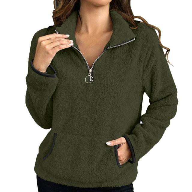 HAiming Women Fleece Sweatshirts Solid Long Sleeved Stand Collar Half Zipper Pullover Tops Winter Casual Loose Blouse