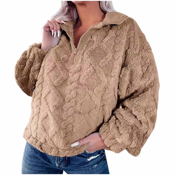 HAiming Women Fuzzy Fleece Sweatshirts Long Sleeve Lapel Half Zipper Pullover Tops Winter Casual Warm Loose Blouse