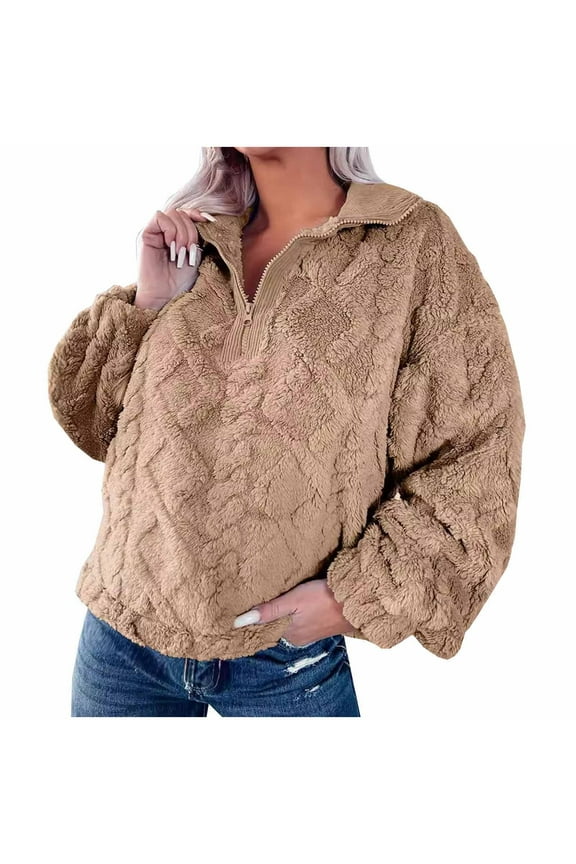 Women Fuzzy Fleece Sweatshirts Long Sleeve Lapel Half Zipper Pullover Tops Winter Casual Warm Loose Blouse