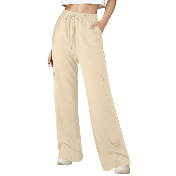 HAiming Women High Waisted Drawstring Wide Leg Cargo Pants Trendy Casual Solid Color Pants with Pockets