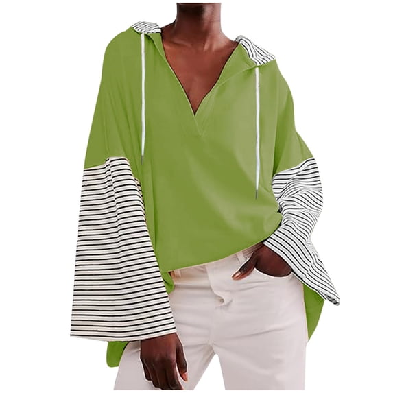 HAiming Women Hooded Vintage Striped Color Block Oversized V Neck Long Sleeve Sweatshirts Casual Loose Pullover Tops