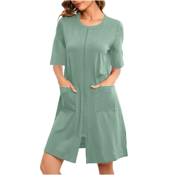 HAiming Women House Coat Short Sleeves Crewneck Zip up Robes Lightweight Loose Knee Length Pajama Loungewear with Poket