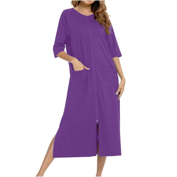HAiming Women's Zipper Robes Nightgown Crewneck 3/4 Sleeve Bathrobes Housecoat with Pockets Sleepwear