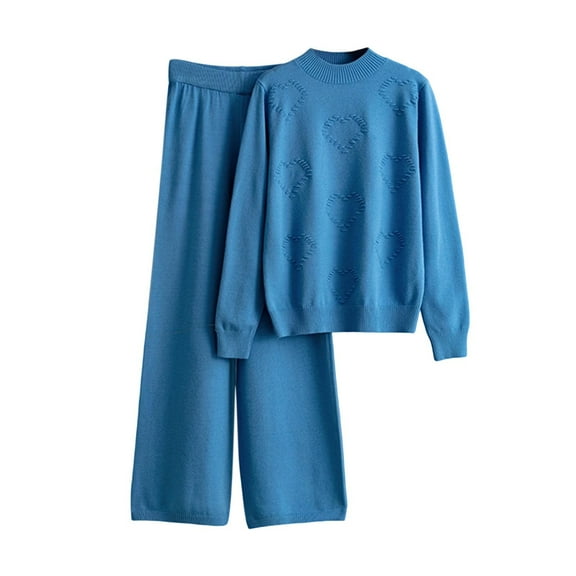 HAiming Women Knitted 2 Piece Sets Crewneck Long Sleeve Pullover Graphic Sweater Straight Wide Leg Pants Travel Outfit