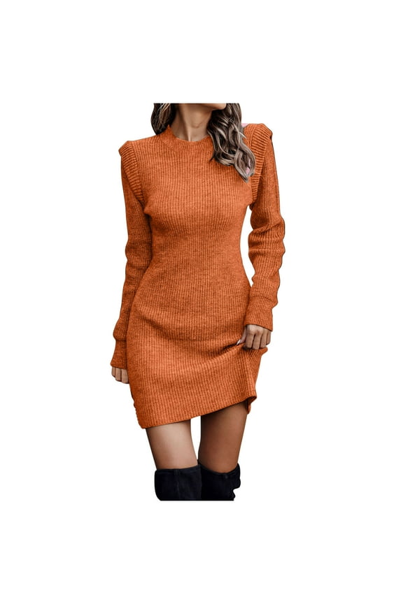 Women Knitted Sweater Dress Puff Long Sleeve Round Neck Wrap Dresses Fall Winter Plus Size Casual Tunic Dress