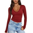 thumbnail image 1 of HAiming Women Lace Trim Long Sleeve Cropped Tops Casual V Neck Slim Pullover Base Tees Going out Tight Shirts, 1 of 9
