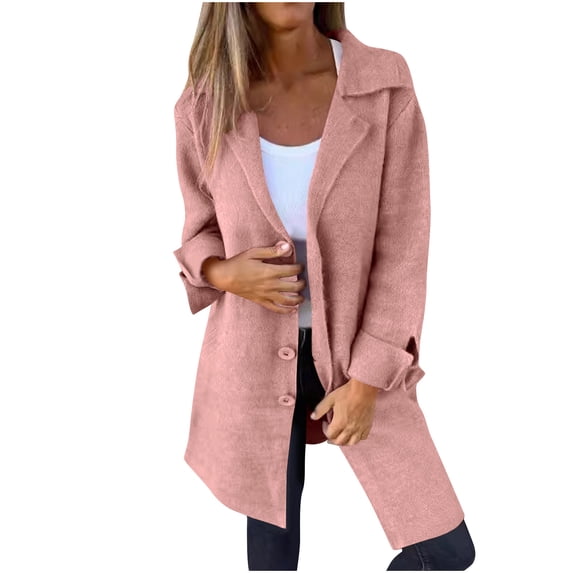 HAiming Women Long Cardigan Solid Color Long Sleeve Lapel Button down Woolen Coat Winter Plus Size Casual Loose Jacket