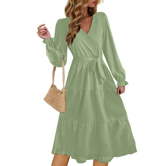 HAiming Women Long Sleeve Ruffle Dress 2025 Trendy Solid Color V Neck Tiered Dress Casual Tie Waist Flowy Midi Dress