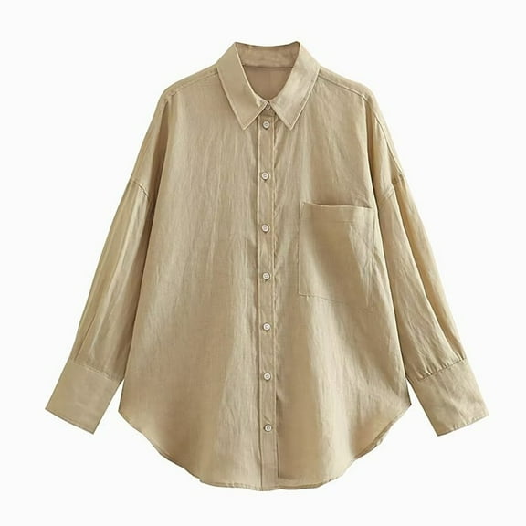 HAiming Women Long Sleeve Shirts Casual Lapel V Neck Button down Tops Oversized Loose Solid Color Blouse with Pocket