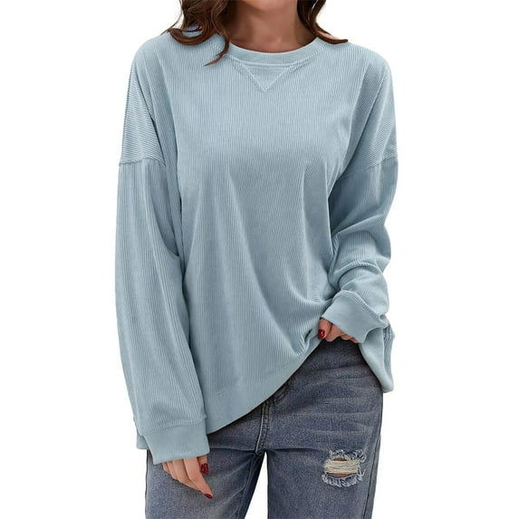 HAiming Women Long Sleeve Sweatshirts Corduroy Solid Color Crewneck Pullover Tunic Tops Plus Size Casual Loose Blouse