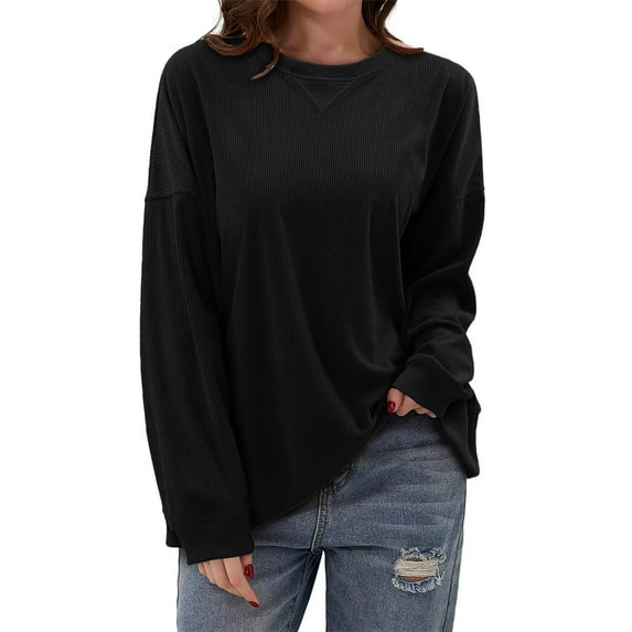 HAiming Women Long Sleeve Sweatshirts Corduroy Solid Color Crewneck Pullover Tunic Tops Plus Size Casual Loose Blouse