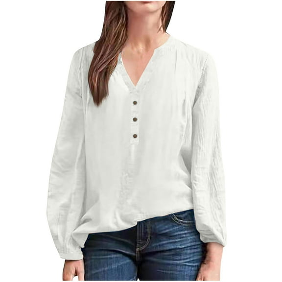HAiming Women Long Sleeve Tops 2025 Summer Solid Color V Neck Shirts Casual Dressy Fashion Vintage Tees Loose Blouses