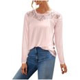 thumbnail image 1 of HAiming Women Long Sleeve Tops Solid Color Round Neck Lace Stitching Pullover Shirts Casual Loose Dressy Blouses, 1 of 4