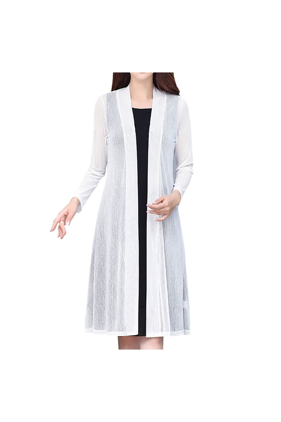 Women Midi Open Front Cardigan Lightweight Long Sleeve Solid Color Trendy Beach Cover up Outwear