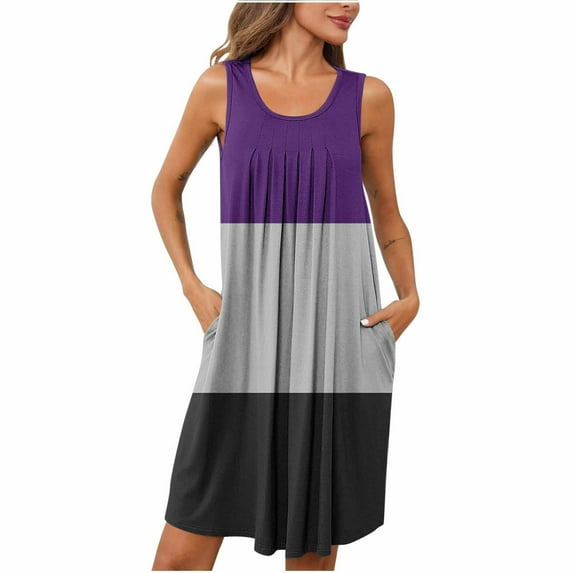 HAiming Women Nightgown with Pockets Sleep Shirts Colorblock Sleeveless Sleepwear Pleated Front Round Neck Nightdress