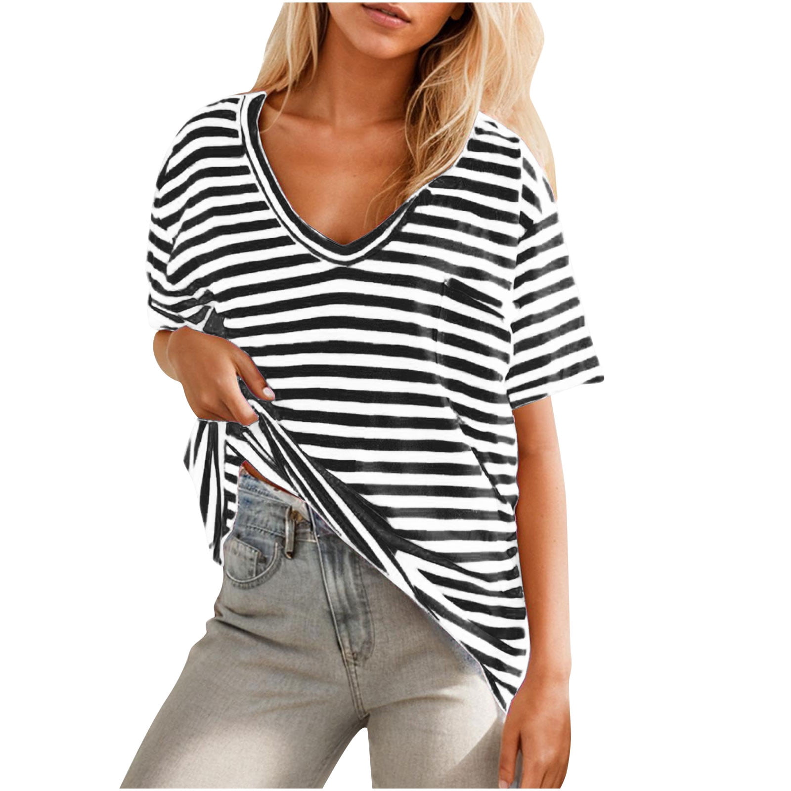 HAiming Women Oversized T-Shirt Striped Short Sleeve V Neck Tops Summer ...