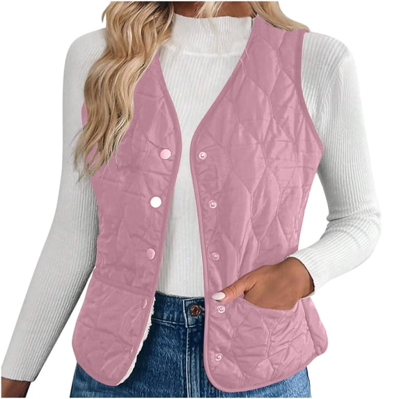 HAiming Women Padded Vest Fleece Snap Button Sleeveless V Neck Jackets Warm Lightweight Coat Fall Winter Trendy Clothes