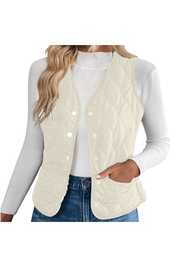 Women Padded Vest Fleece Snap Button Sleeveless V Neck Jackets Warm Lightweight Coat Fall Winter Trendy Clothes
