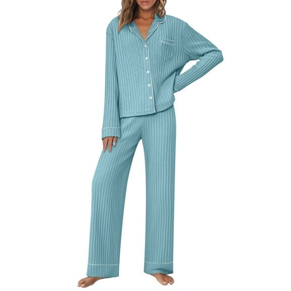 HAiming Women Pajama Sets 2 Piece Sleepwear Ribbed Long Sleeve Button down Lapel Shirts and Pants Pjs Outfit
