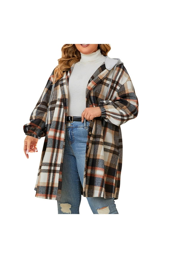 Women Plaid Hooded Jacket Winter Plus Size Long Sleeve Drawstring Coat Casual Button down Outwear with Pocket