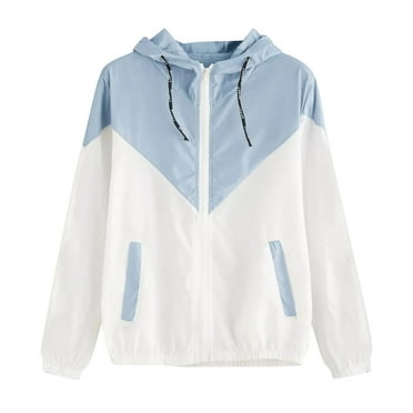 HAiming Women Plus Size Jackets Color Block Drawstring Hooded Windbreaker Coats Fall Casual Zip up Jacket with Pocket