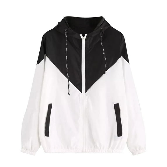 HAiming Women Plus Size Jackets Color Block Drawstring Hooded Windbreaker Coats Fall Casual Zip up Jacket with Pocket