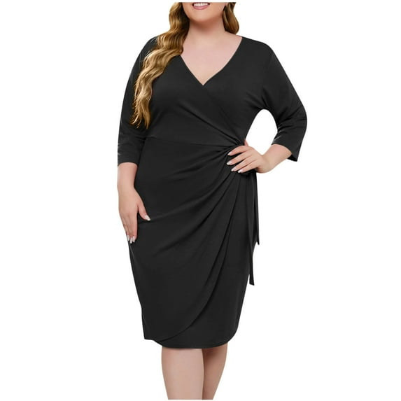 HAiming Women Plus Size Work Dress Solid Color V Neck Long Sleeve Ruched Belt Wrap Dress Formal Business Office Dress