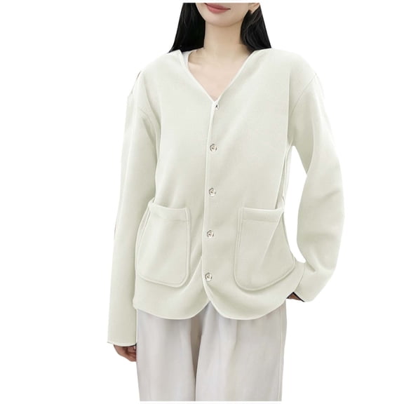 HAiming Women Plush Coats Fleece Long Sleeve V Neck Casual Solid Color Jackets Fall Winter Trendy Outwear Clothes
