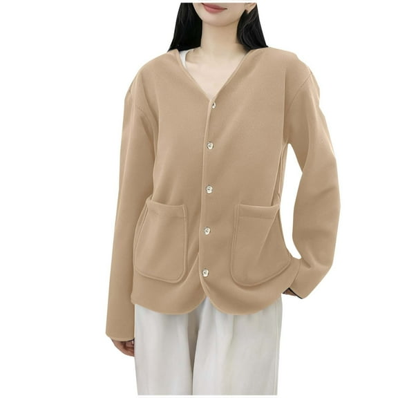 HAiming Women Plush Coats Fleece Long Sleeve V Neck Casual Solid Color Jackets Fall Winter Trendy Outwear Clothes