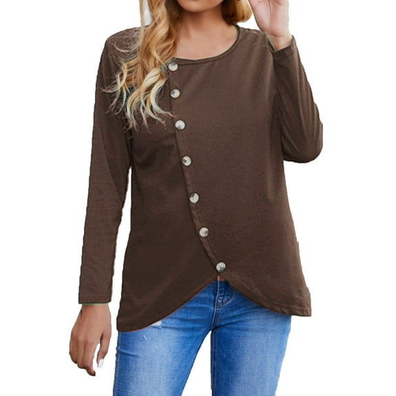 HAiming Women Round Neck Long Sleeve Top Trendy Solid Color Button Tunic T-Hirt Casual Loose Pullover Blouses