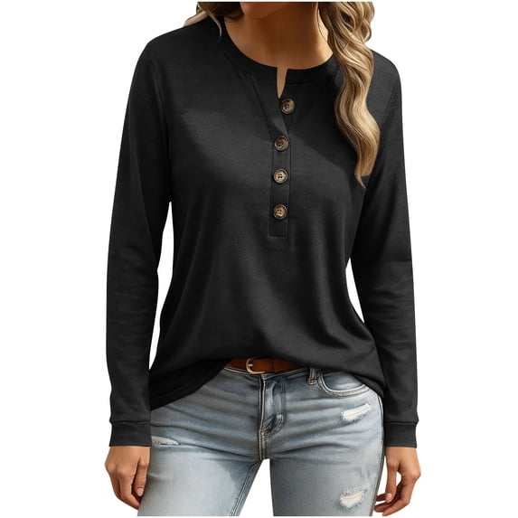 HAiming Women Shirt Long Sleeve Button Crew Neck Top Loose Casual Tunic Blouse Solid Color Basic Tee